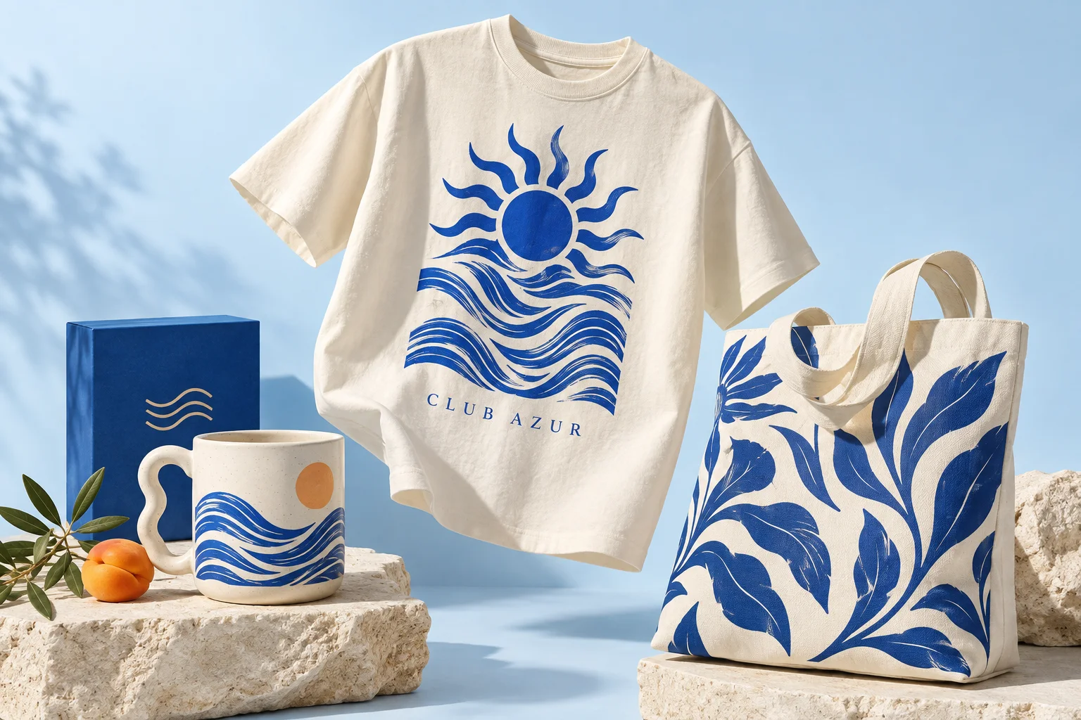 Creative merchandise collection: T-shirt, mug and tote bag with blue sun and ocean-inspired prints.