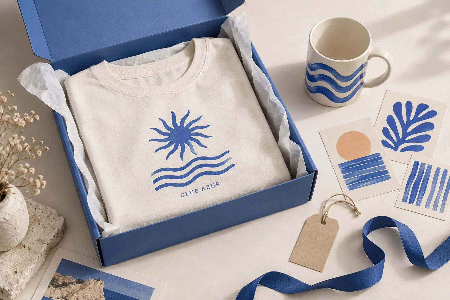 An inspirational blue gift box with a printed T-shirt, matching mug and pattern samples.
