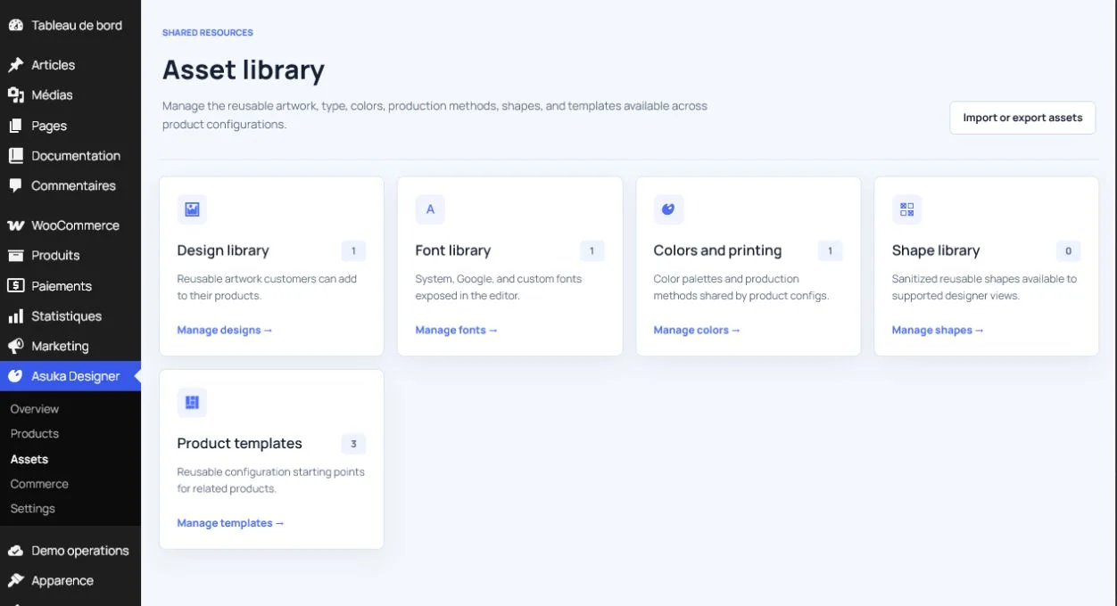 Asuka Product Designer Asset library with design, font, color, printing, shape, and template catalogs.