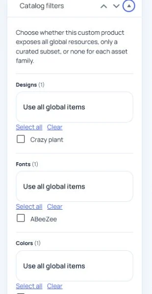 Product configuration Catalog filters panel for designs, fonts, colors, printing methods, and shapes.