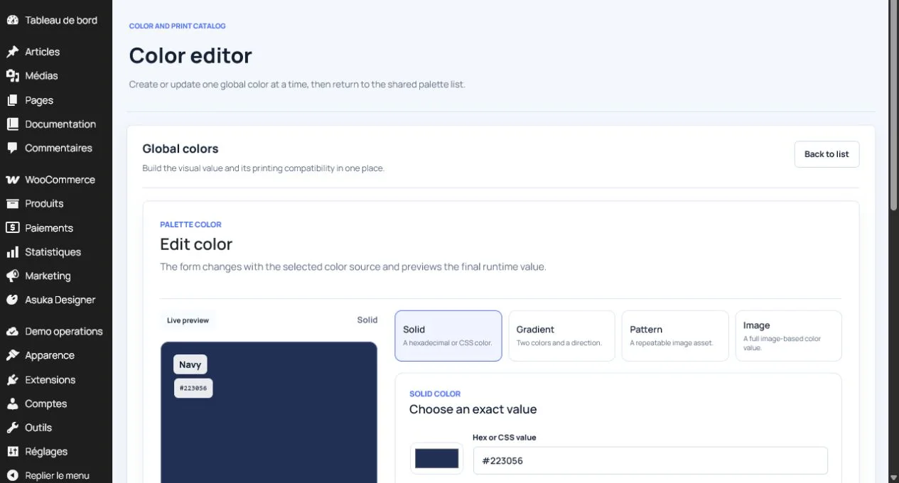 Asuka Product Designer color editor with solid, gradient, pattern, and image choices and a live swatch preview.