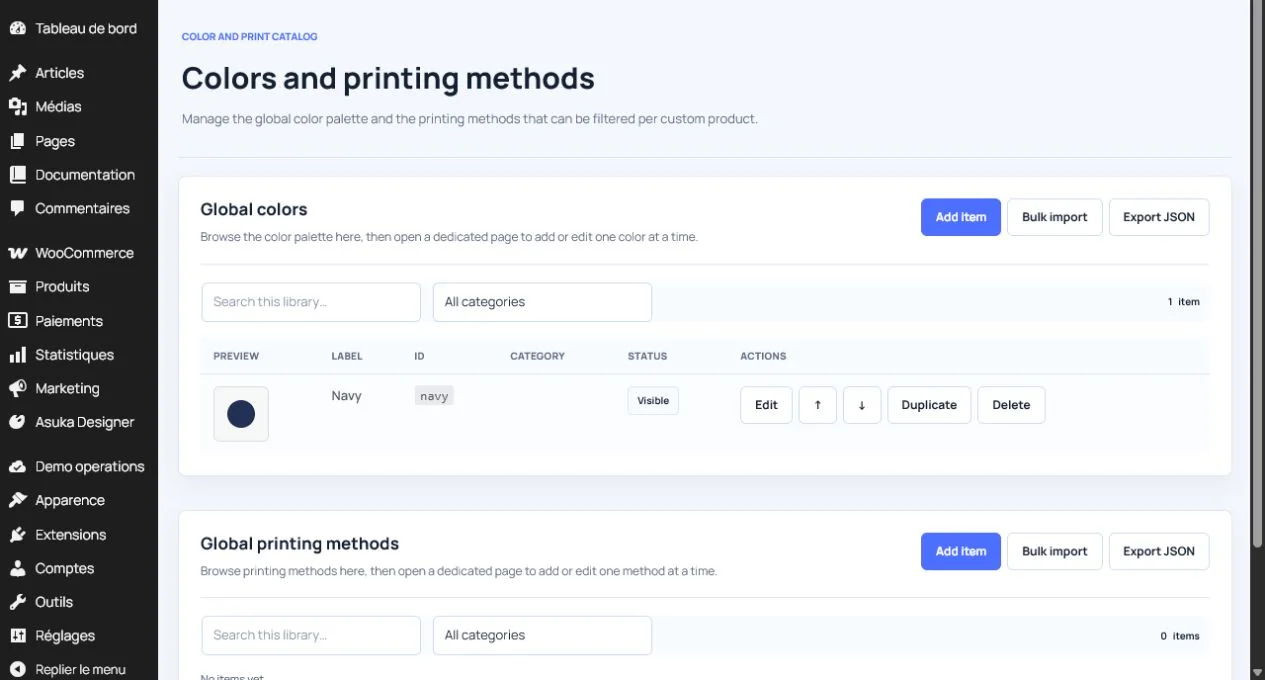 Asuka Product Designer colors and printing hub showing the shared production palette.