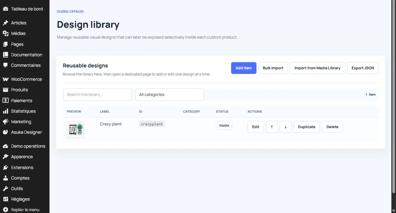 Asuka Product Designer design library listing a reusable artwork asset and its catalog details.