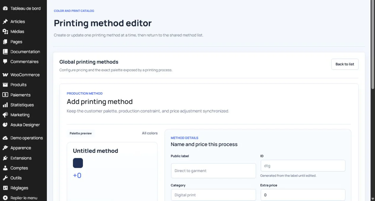 Asuka Product Designer printing method editor with method details and compatible palette controls.