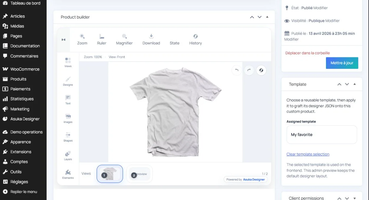 WordPress product configuration editor showing a two-dimensional T-shirt view in the Product builder.