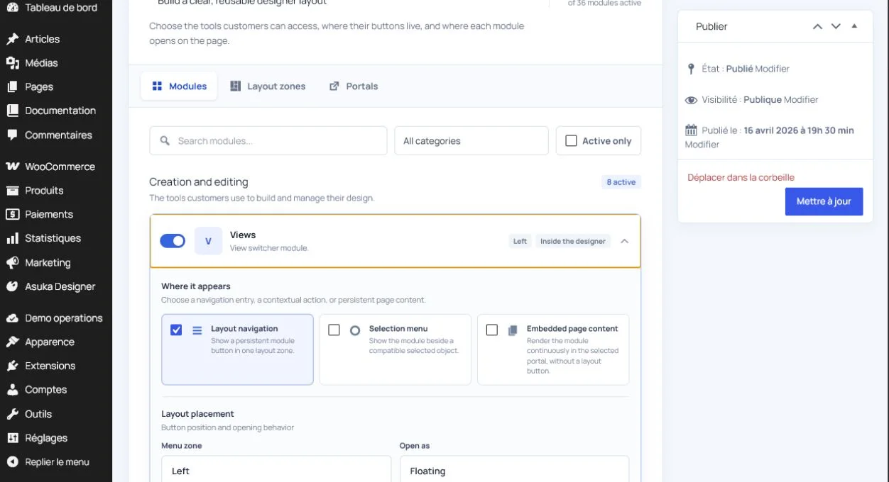 Product template editor showing the placement choices for the Views module.