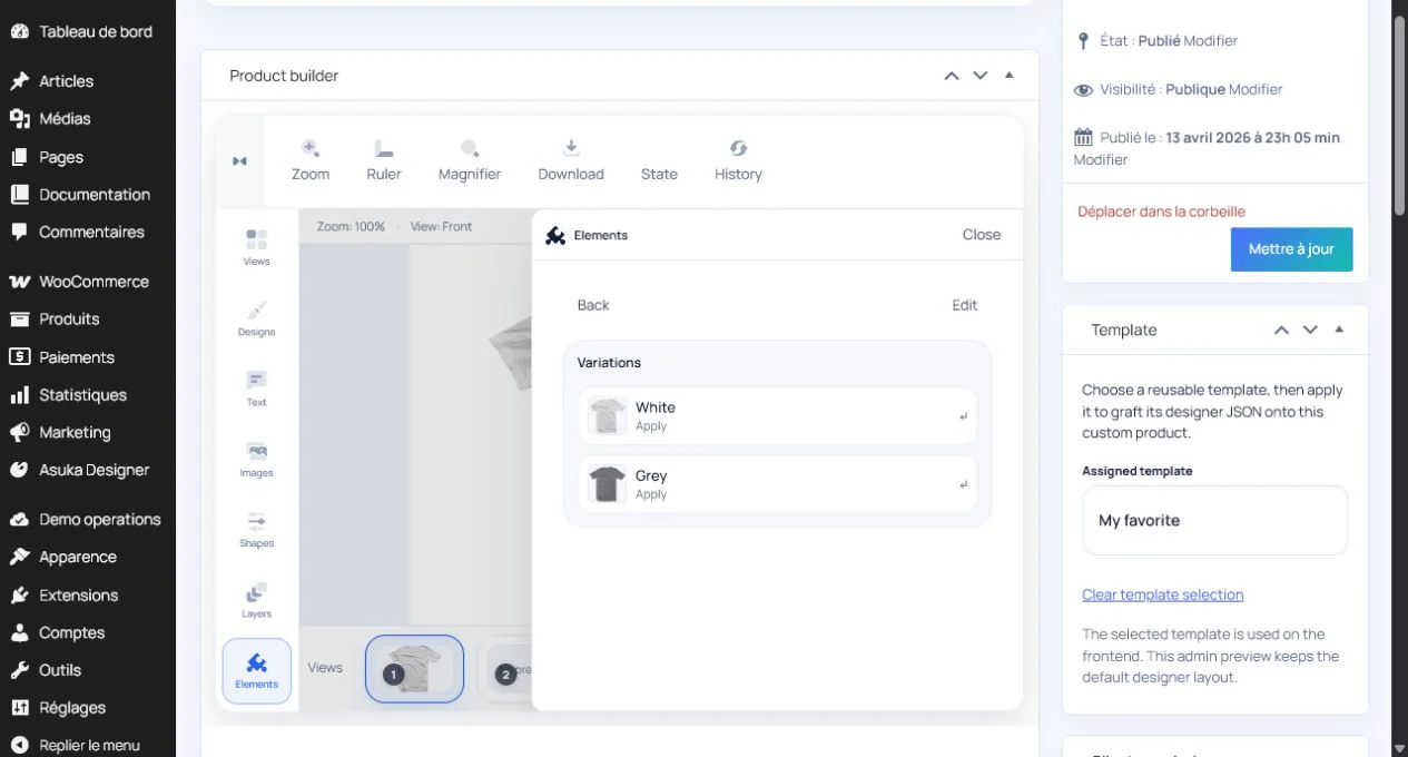 Product builder with the Elements module opened on the White and Grey variations of a T-shirt.